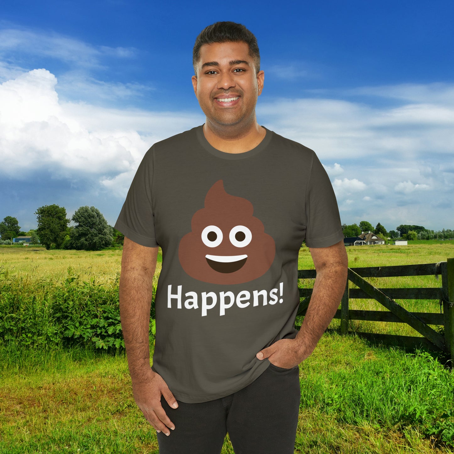 Embrace the Inevitable: 'Happens' Poop Emoji Unisex Jersey T-Shirt