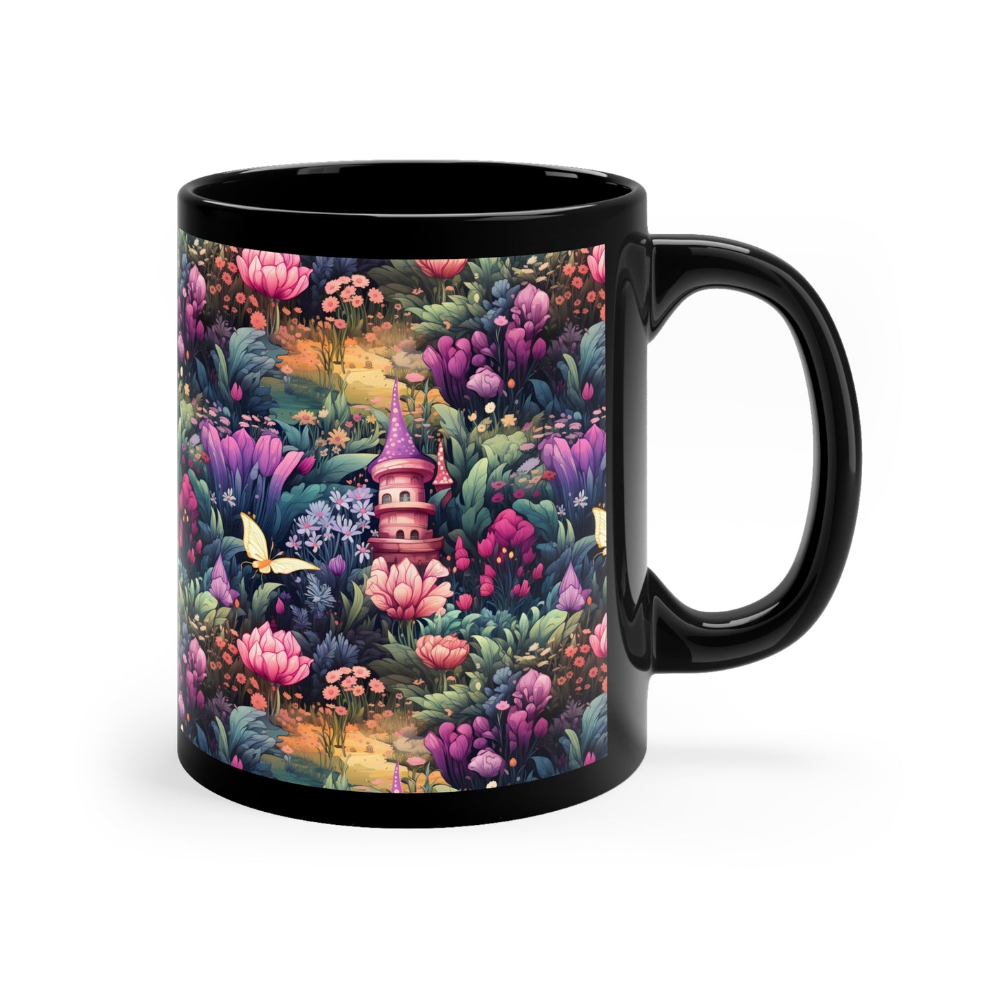 Fairy Garden With Pink & Purple Flowers in the Enchanted Forest Mug - Bringing Magic to Your Morning Brew" 11oz Black Mug Fairycore