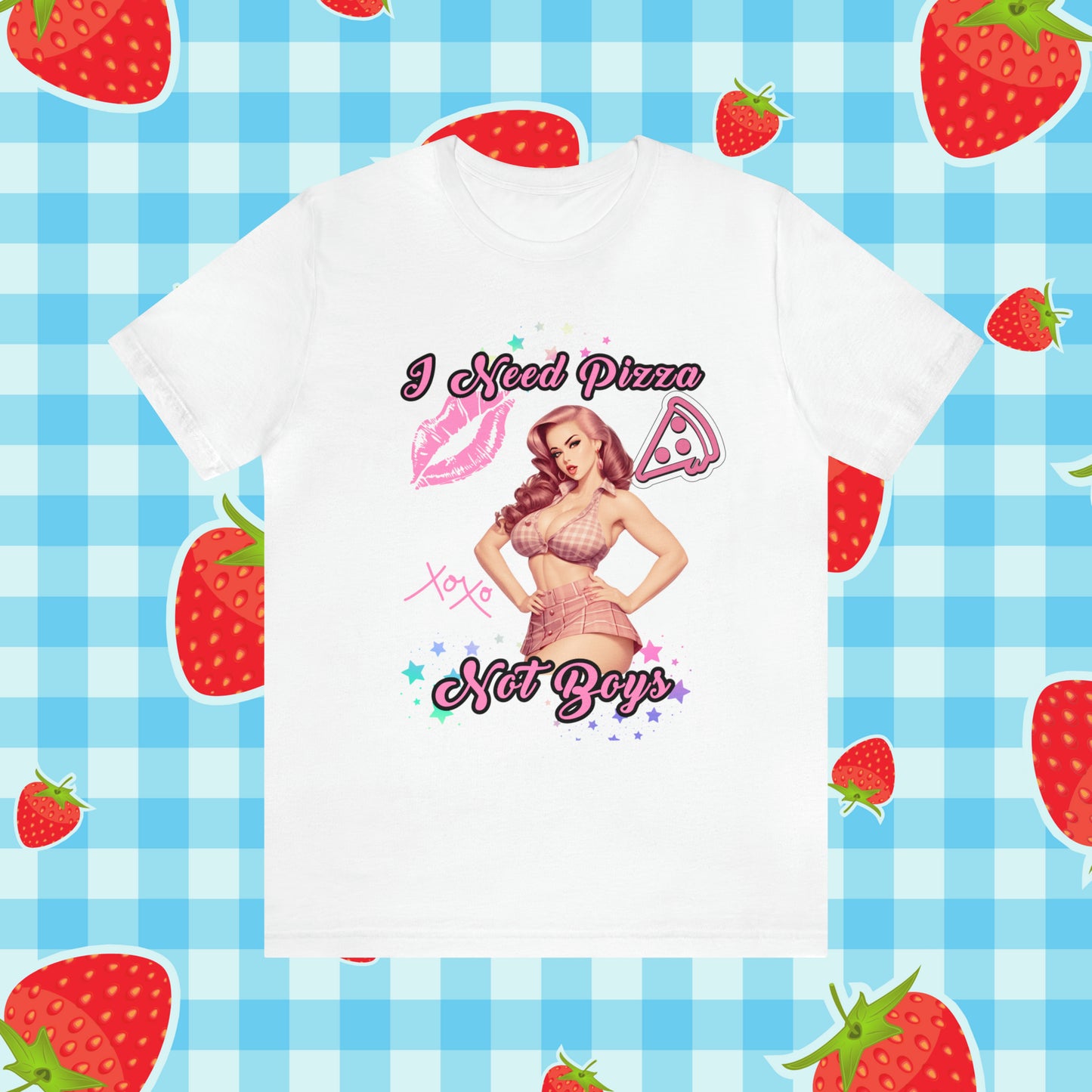 Vintage Pink Pinup Girl "I need Pizza Not Boys" on a Bella+Canva 3001 Unisex Jersey T-Shirt - A Must-Have Gift for her