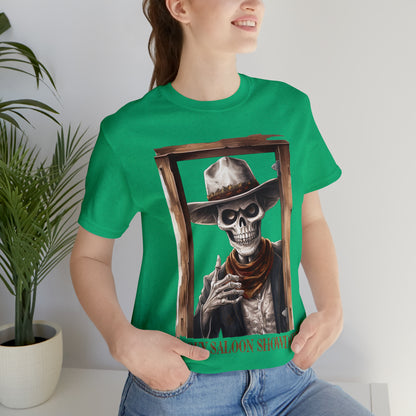 Spooky Saloon Showdown Gunslinging Skeleton Cowboy Halloween Unisex Jersey Short Sleeve Tee