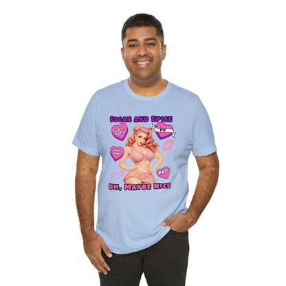 Sarcastic Elegance: Vintage Pink Pinup Girl "Sugar and Spice" on a Bella+Canva 3001 Unisex Jersey T-Shirt - A Must-Have Gift for her