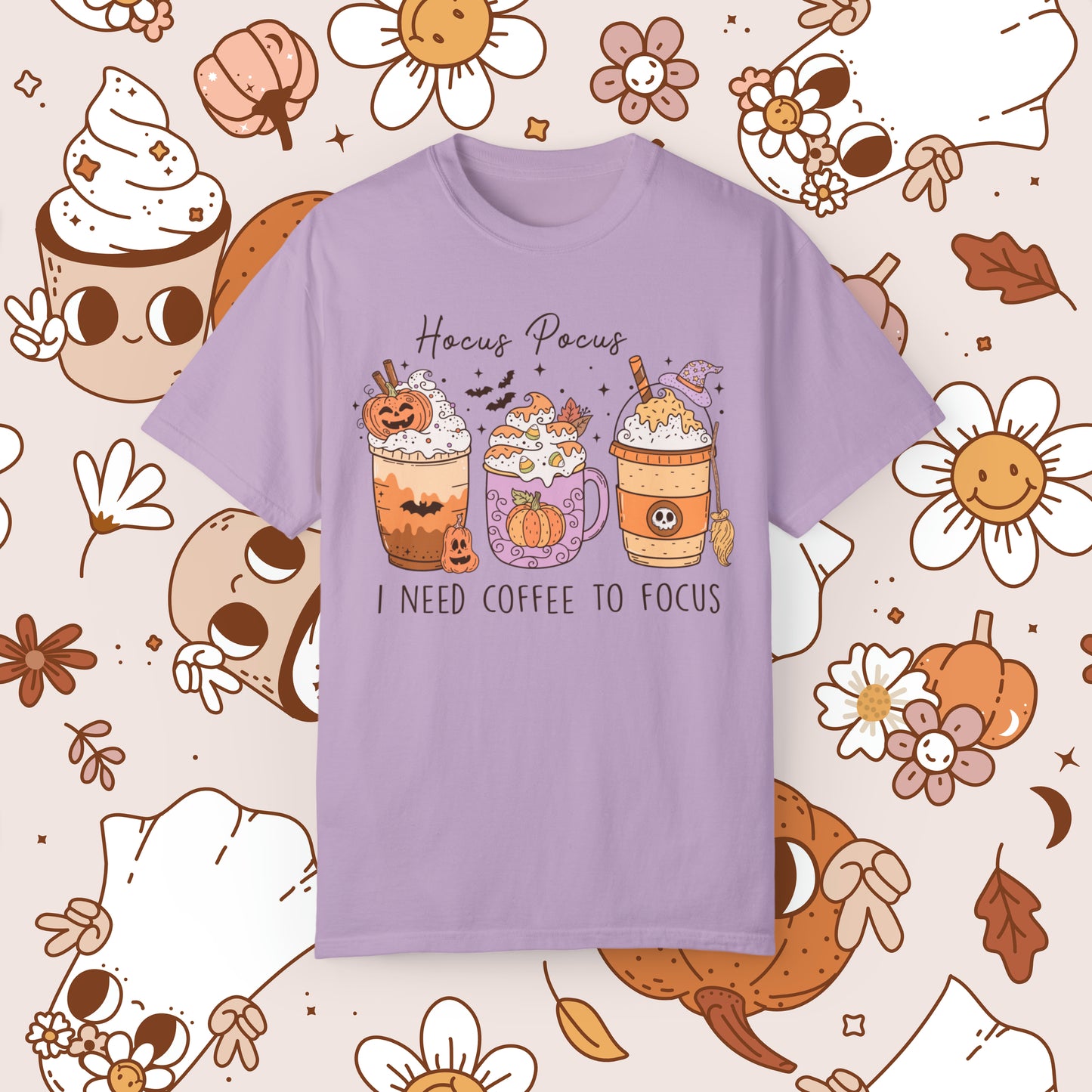 Hocus Pocus I need Coffee to Focus Retro Groovy Halloween Unisex Garment-Dyed T-shirt Gifts for Him Gifts for Her