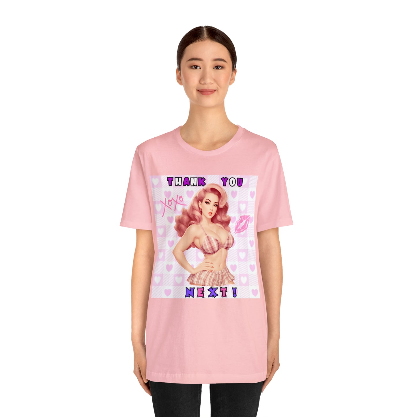 Timeless Elegance: Vintage Pink Pinup Girl "Thank You Next" on a Bella+Canva 3001 Unisex Jersey T-Shirt - A Must-Have Gift for her