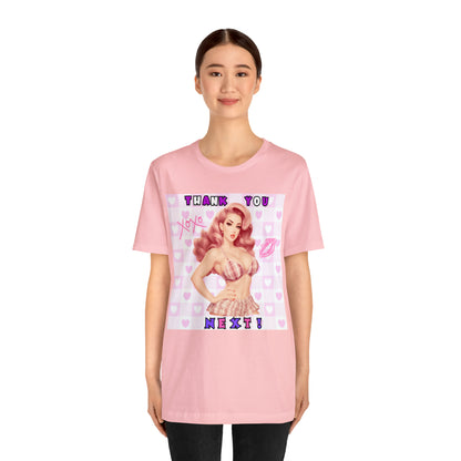 Timeless Elegance: Vintage Pink Pinup Girl "Thank You Next" on a Bella+Canva 3001 Unisex Jersey T-Shirt - A Must-Have Gift for her
