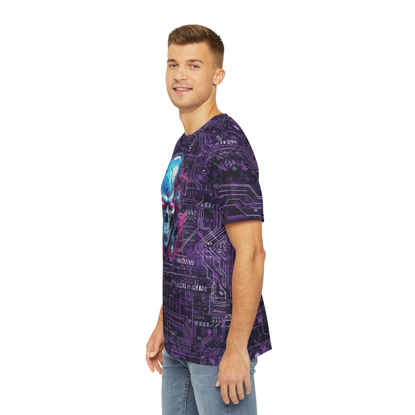 CyberPunk Cybernetic Skull breaking through a Purple Neon Circuit Board Men's Polyester Tee (AOP)