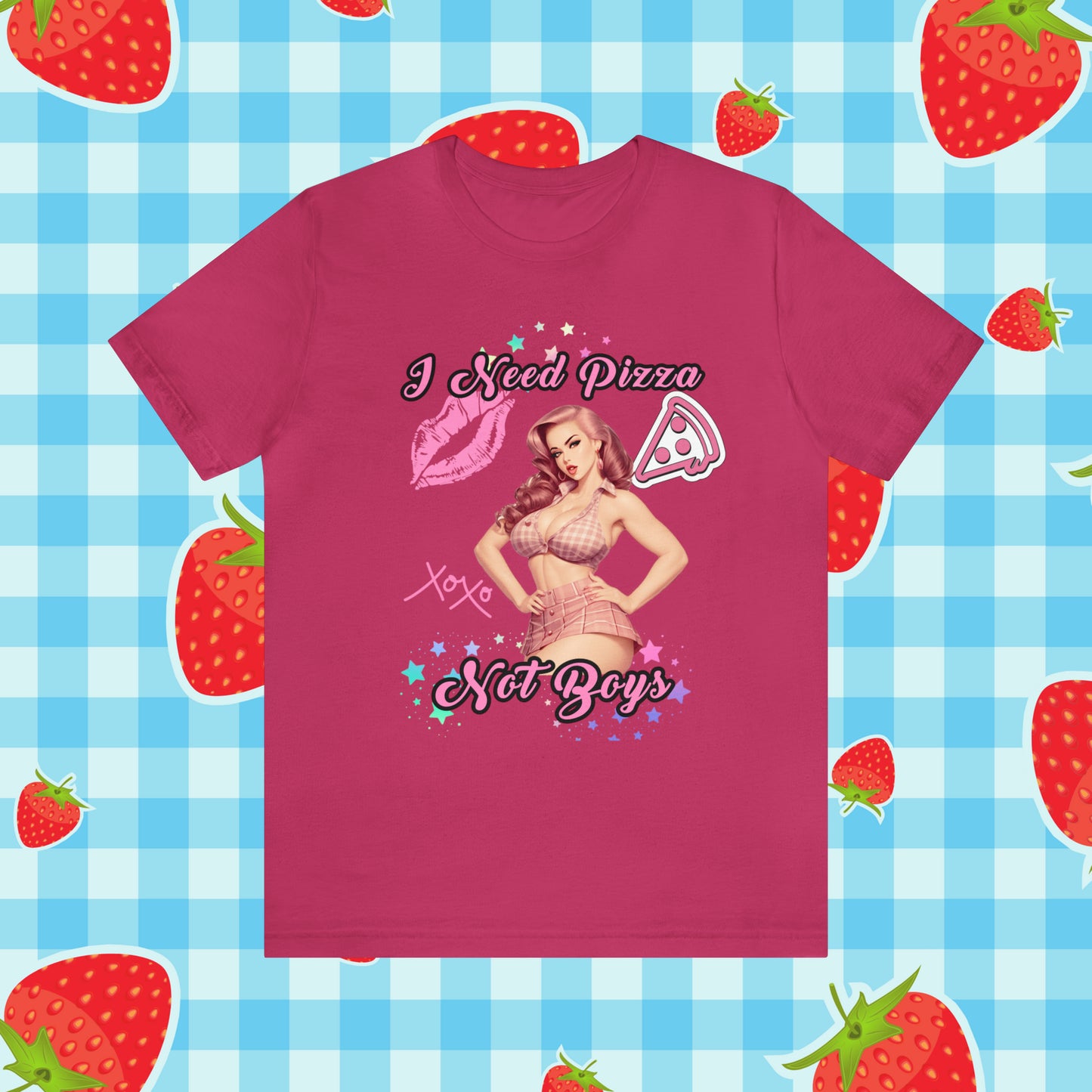 Vintage Pink Pinup Girl "I need Pizza Not Boys" on a Bella+Canva 3001 Unisex Jersey T-Shirt - A Must-Have Gift for her