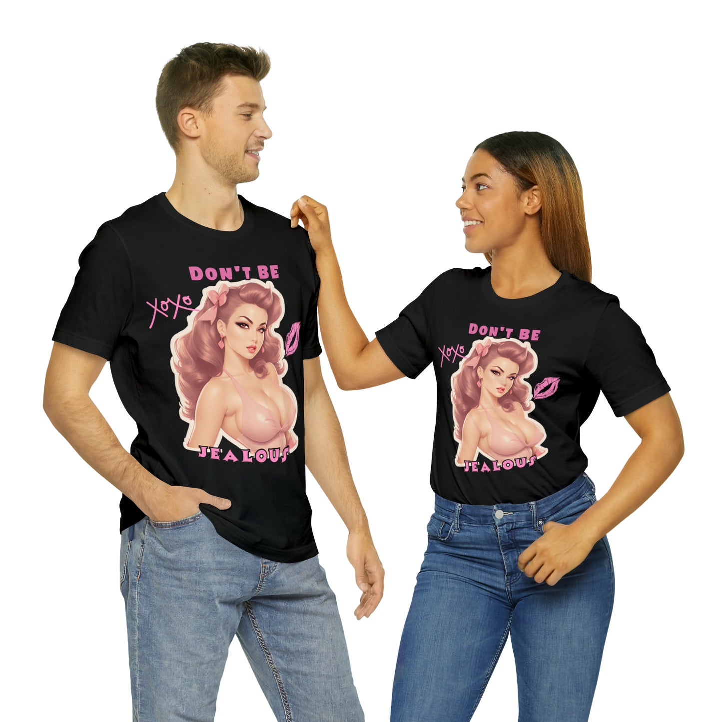 Timeless Elegance: Vintage Pink Pinup Girl "Don't Be Jealous" on a Bella+Canva 3001 Unisex Jersey T-Shirt - A Must-Have Gift for her