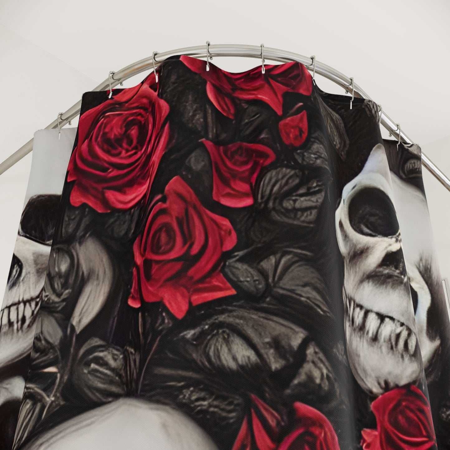 Hyper Realistic Skulls and Red Roses by artist Anne-Laure Polyester Shower Curtain