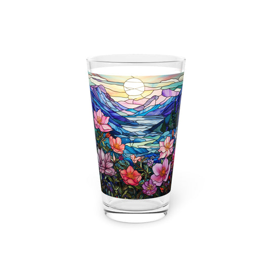 Mountain Creek Serenity, A Pink Floral Stained Glass artwork on a 16oz Pint Glass Gift idea, gifts for home decor, housewarming gift