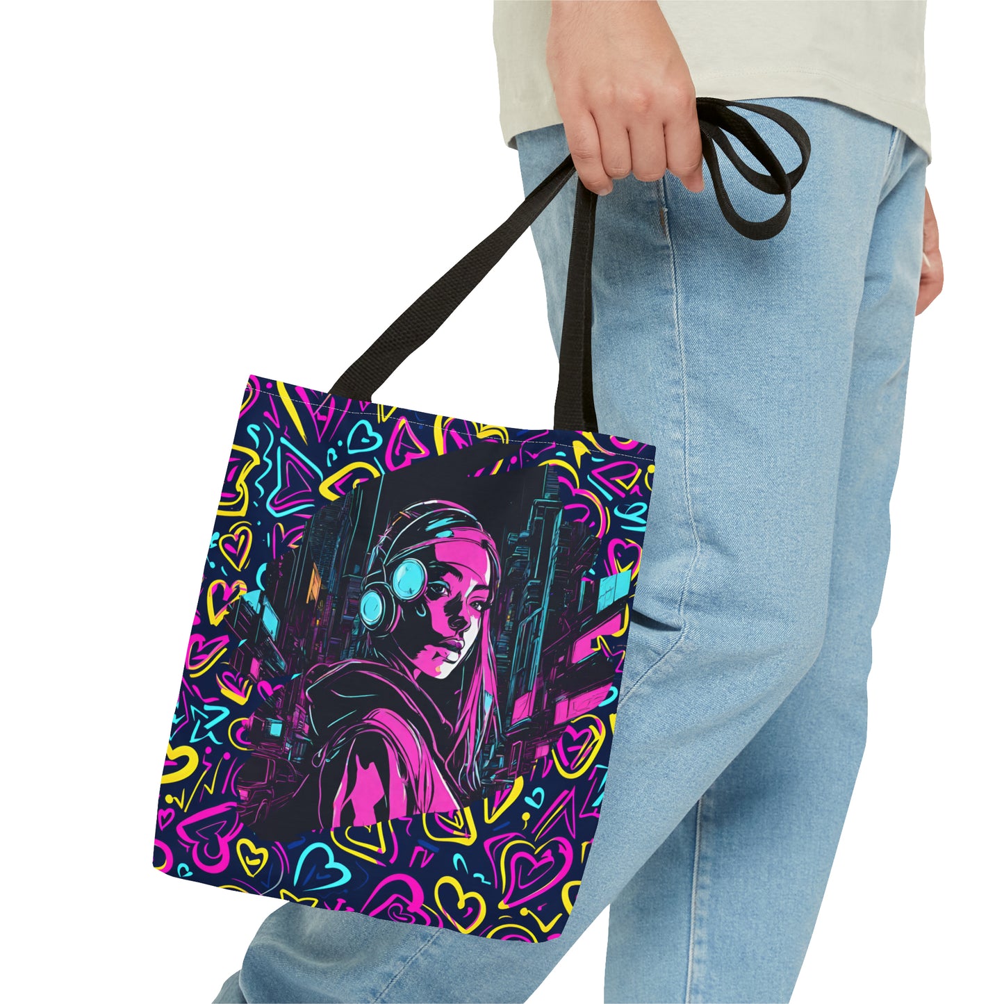 Cyberpunk Girl in Neon Graffiti Hearts AOP Tote Bag 3 sizes 5 color handle options