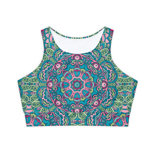Fully Lined, Padded Sports Bra - Green and Blue Boho Vibes for Stylish Support