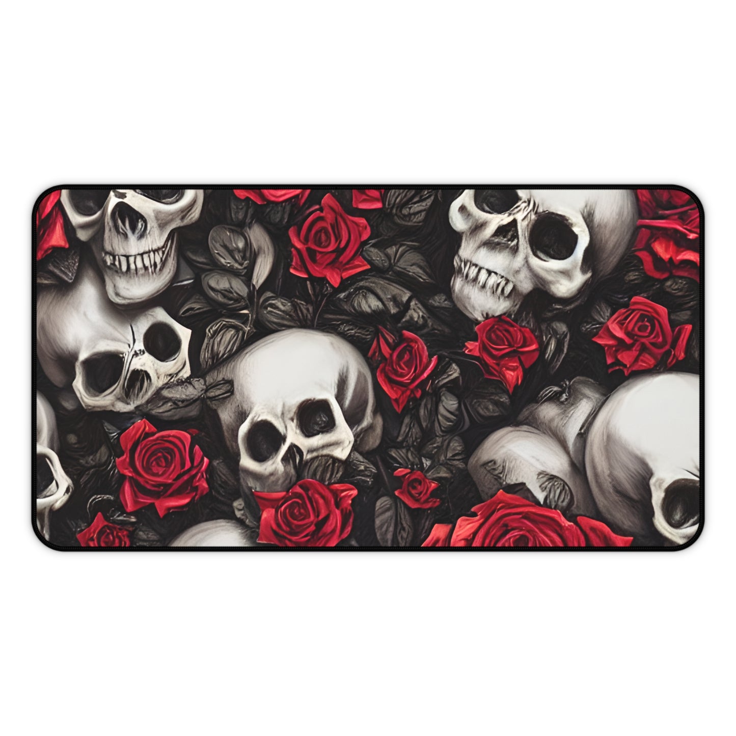 Hyper Realistic Skulls and Red Roses by artist Anne-Laure Goupil Desk Mat