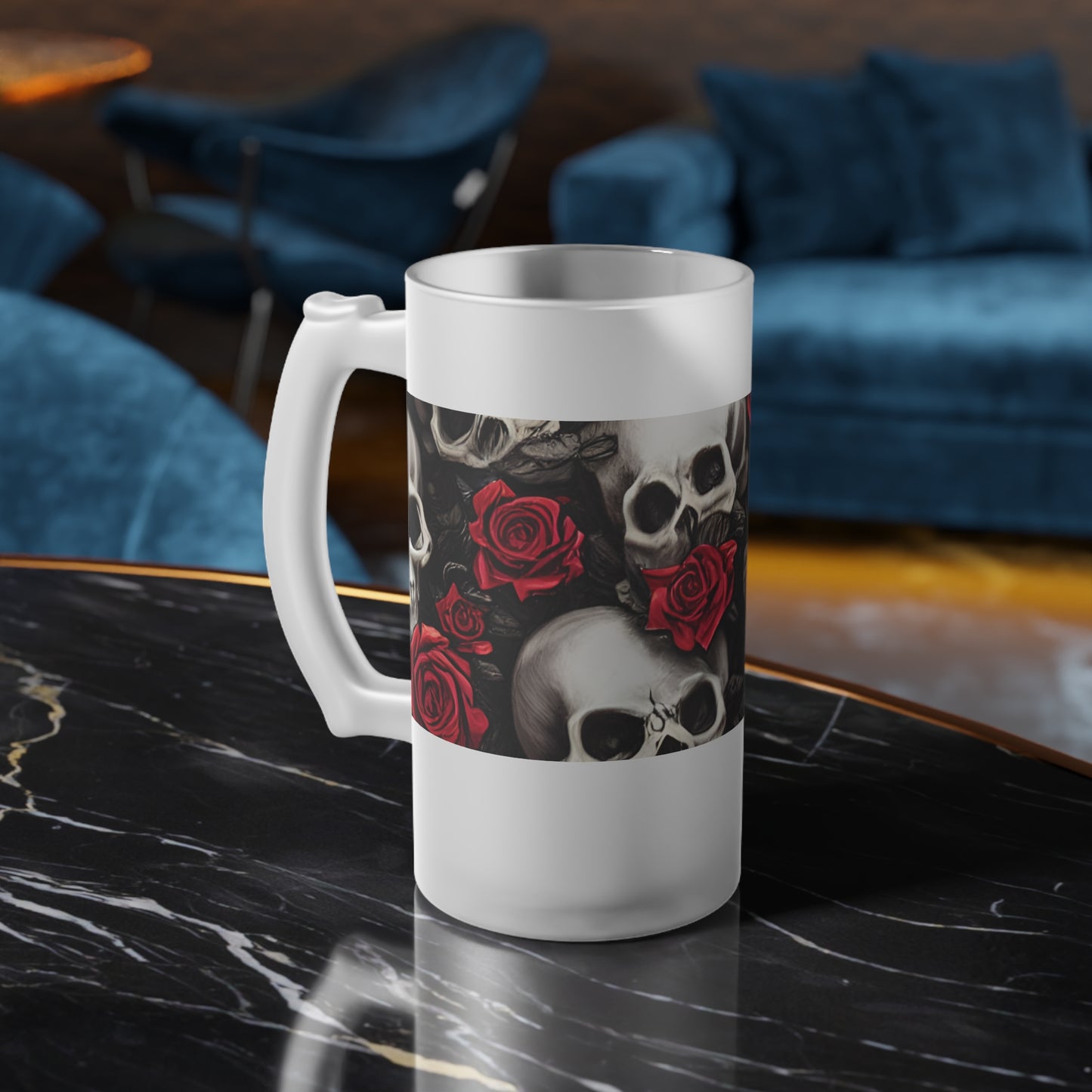 Hyper Realistic Skulls and Red Roses by artist Anne-Laure Goupil Frosted Glass Beer Mug