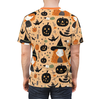 Halloween Trick or Treat Ghosts Witch Hats Jack o Lanterns Unisex Cut & Sew Tee (AOP)