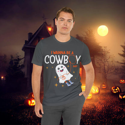 Little Ghost Saying I wanna be a cowboy baby Retro Groovy Western Halloween Unisex Jersey Short Sleeve Tee Gifts for Him Gifts for her.