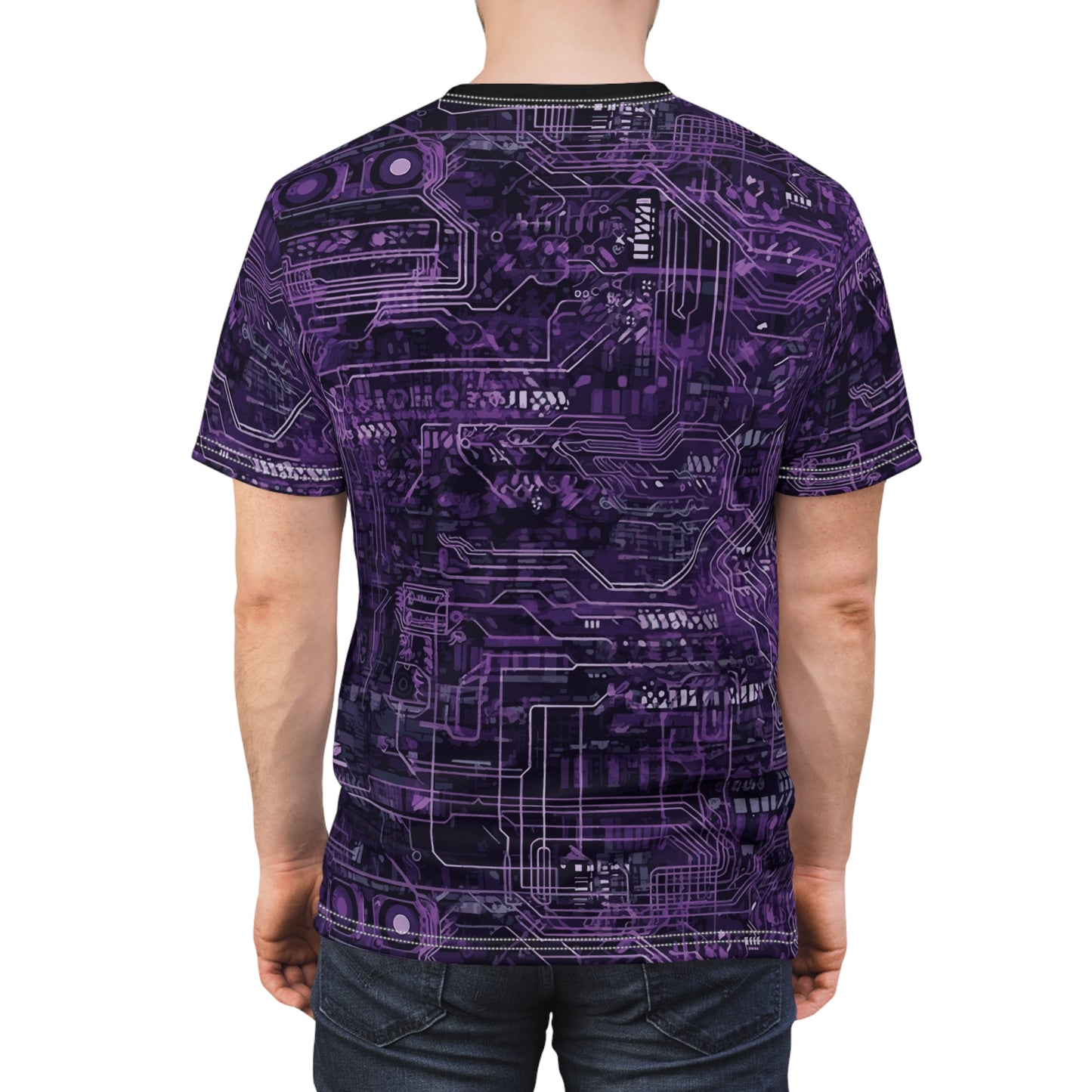 CyberPunk Cybernetic Skull breaking through a Purple Neon Circuit Board Unisex Cut & Sew Tee (AOP) Gifts for Her Gifts For Him