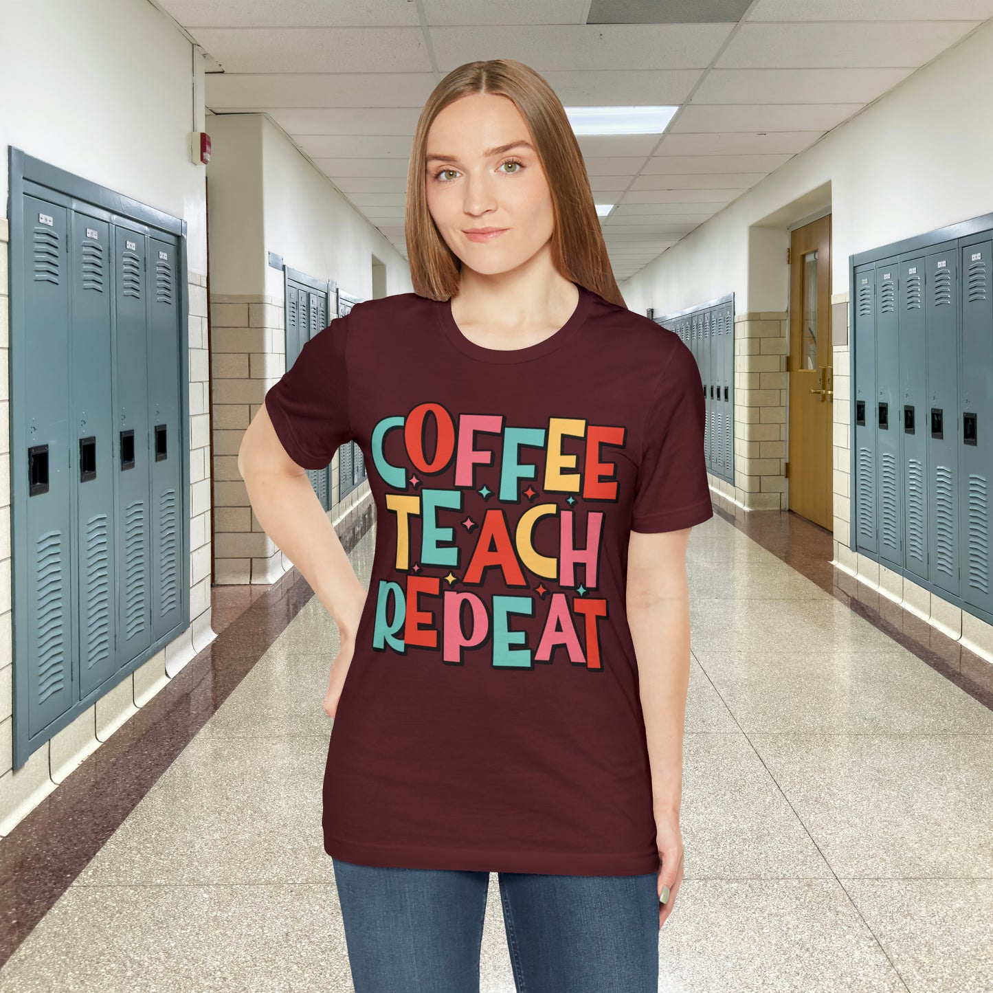 Coffee Teach Repeat Unisex Jersey Short Sleeve Tee