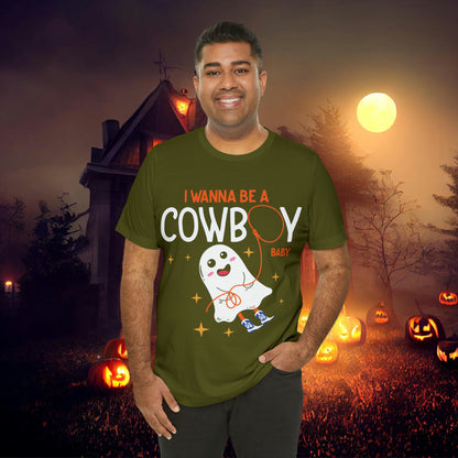 Little Ghost Saying I wanna be a cowboy baby Retro Groovy Western Halloween Unisex Jersey Short Sleeve Tee Gifts for Him Gifts for her.