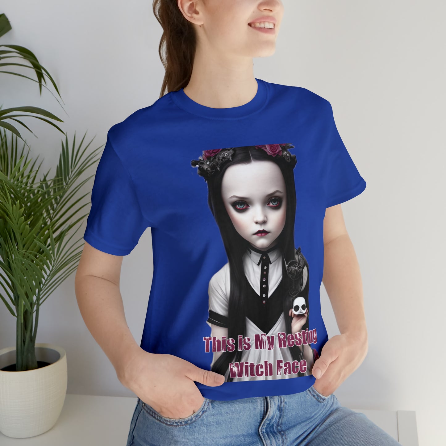 Wednesday Addams Chibi by Charlie Bowater This Is my Resting Witch Face Halloween Unisex Jersey Short Sleeve Tee