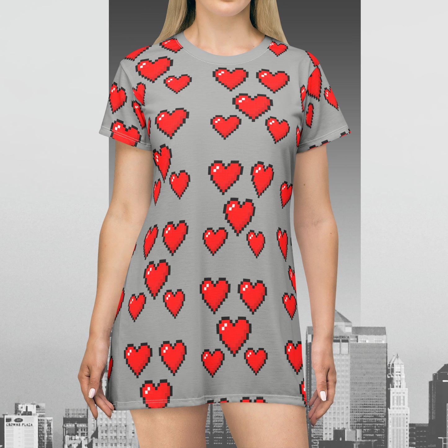 8 bit Heart Dress in Light Grey T-Shirt Dress (AOP)