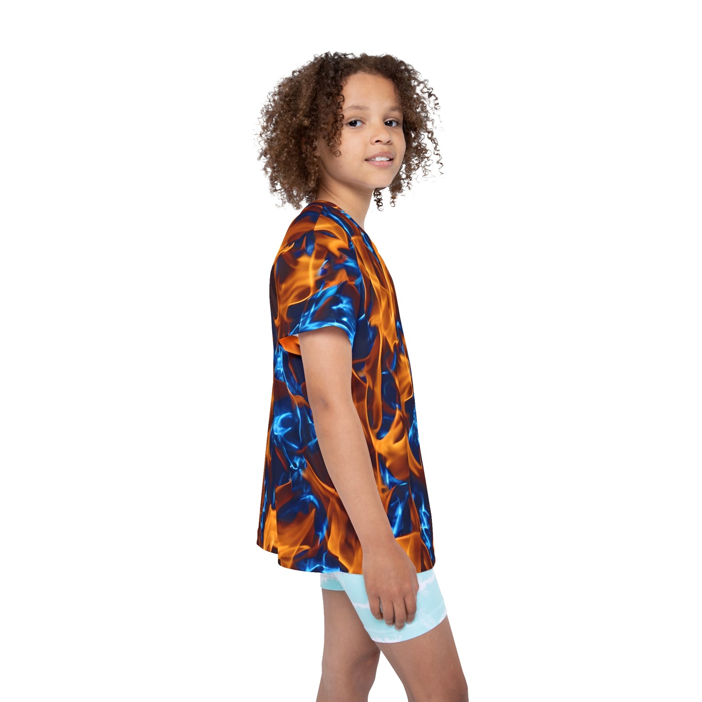 Blaze a Trail: All Over Print Kid Sport Jersey with Blue and Orange Flames