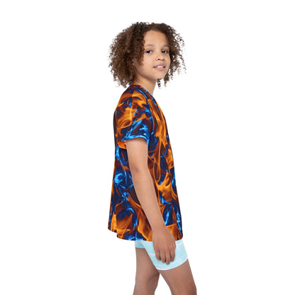 Blaze a Trail: All Over Print Kid Sport Jersey with Blue and Orange Flames