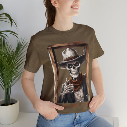Spooky Saloon Showdown Gunslinging Skeleton Cowboy Halloween Unisex Jersey Short Sleeve Tee