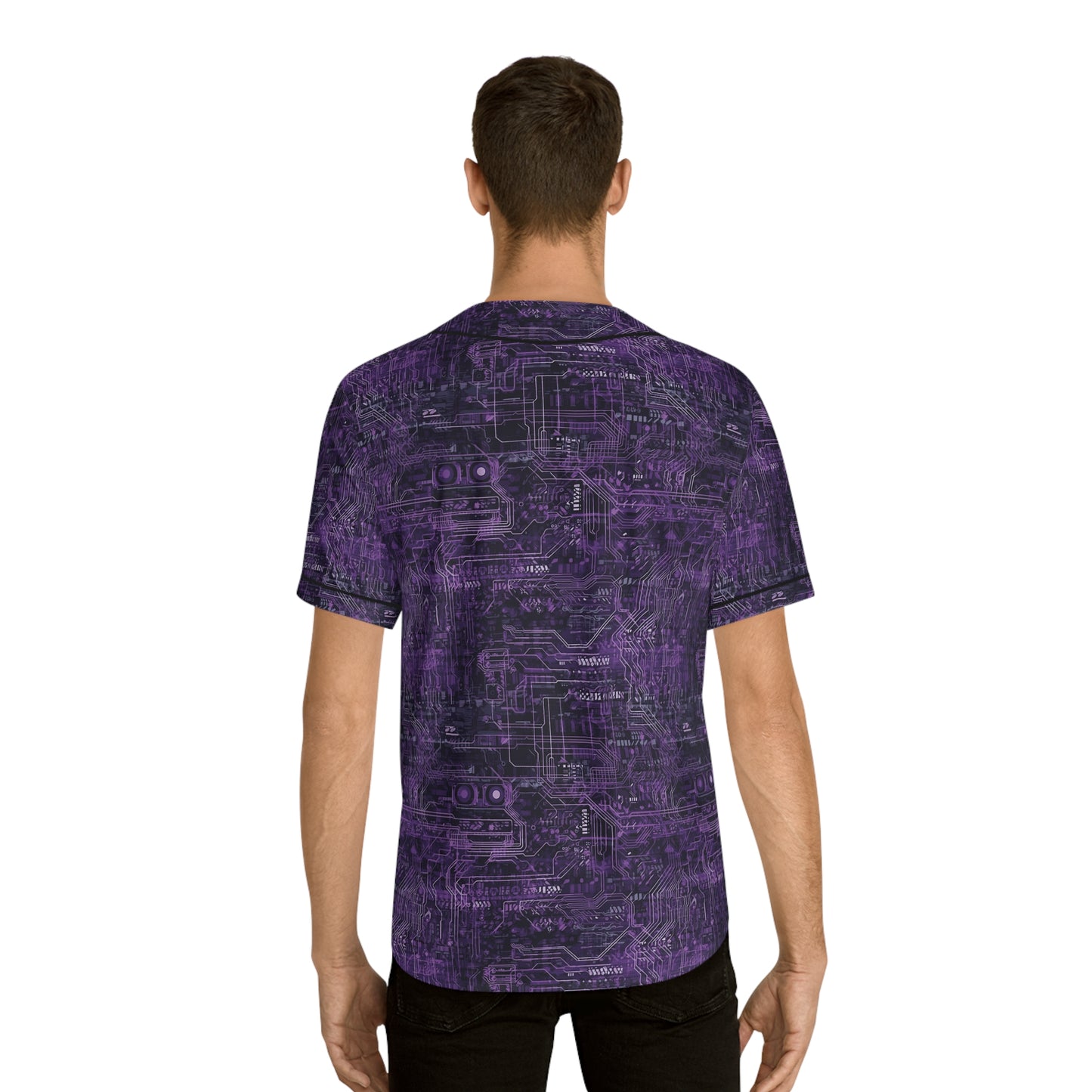 CyberPunk Cybernetic Skull breaking through a Purple Neon Circuit Board Men's Baseball Jersey (AOP)