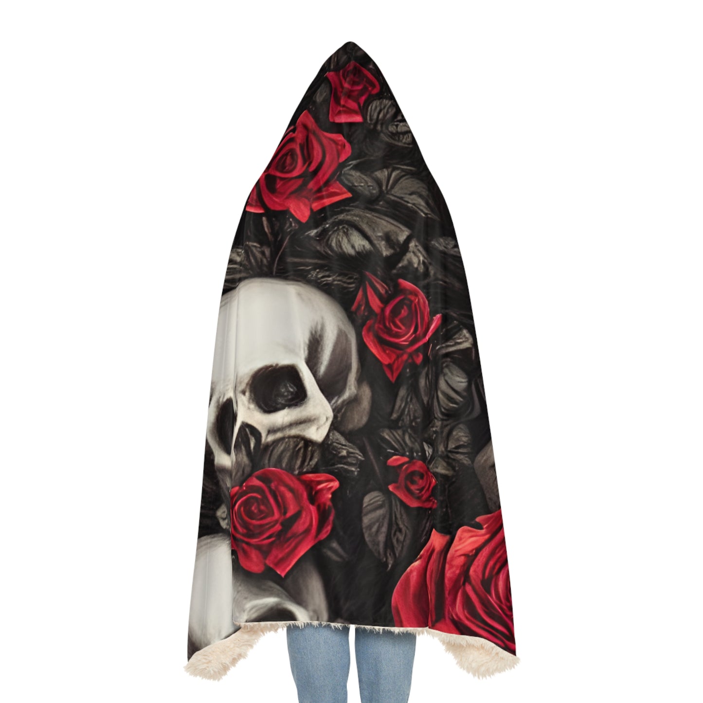 Artistry in Every Thread: AOP Snuggle Blanket with Hyper-Realistic Skulls and Red Roses by Anne-Laure Goupil