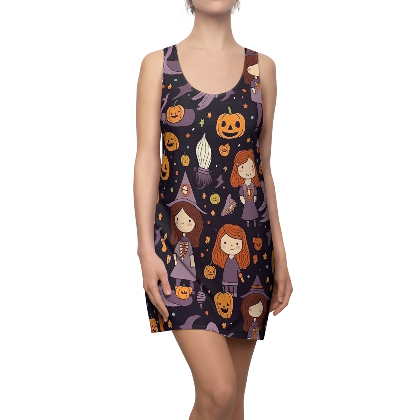 Halloween Trick or Treat Ghosts Witch Hats Jack o Lanterns Women's Cut & Sew Racerback Dress (AOP)