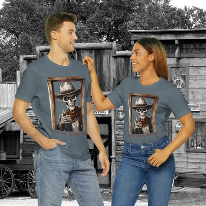 Spooky Saloon Showdown Gunslinging Skeleton Cowboy Halloween Unisex Jersey Short Sleeve Tee