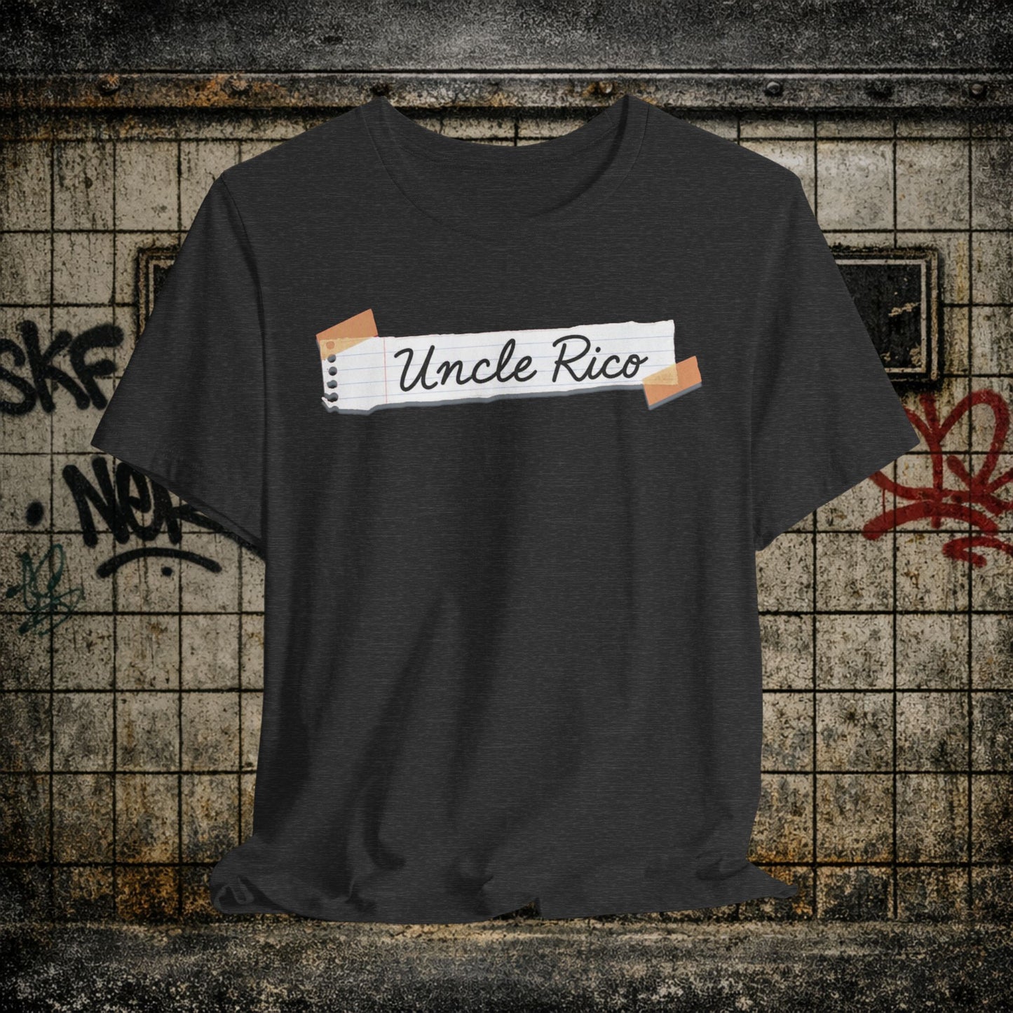 Uncle Rico Graphic Tee — Retro Notebook Tape Design