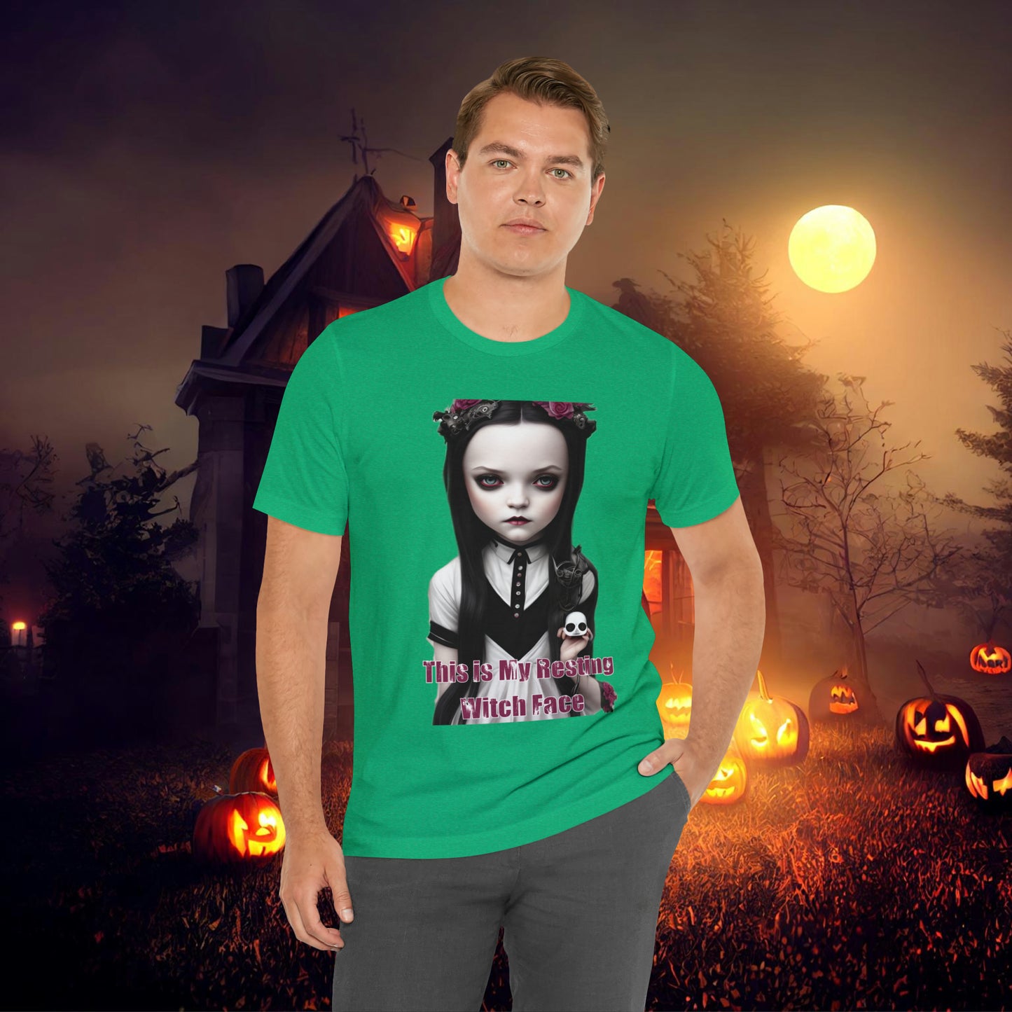 Wednesday Addams Chibi by Charlie Bowater This Is my Resting Witch Face Halloween Unisex Jersey Short Sleeve Tee