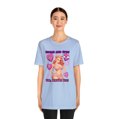 Sarcastic Elegance: Vintage Pink Pinup Girl "Sugar and Spice" on a Bella+Canva 3001 Unisex Jersey T-Shirt - A Must-Have Gift for her