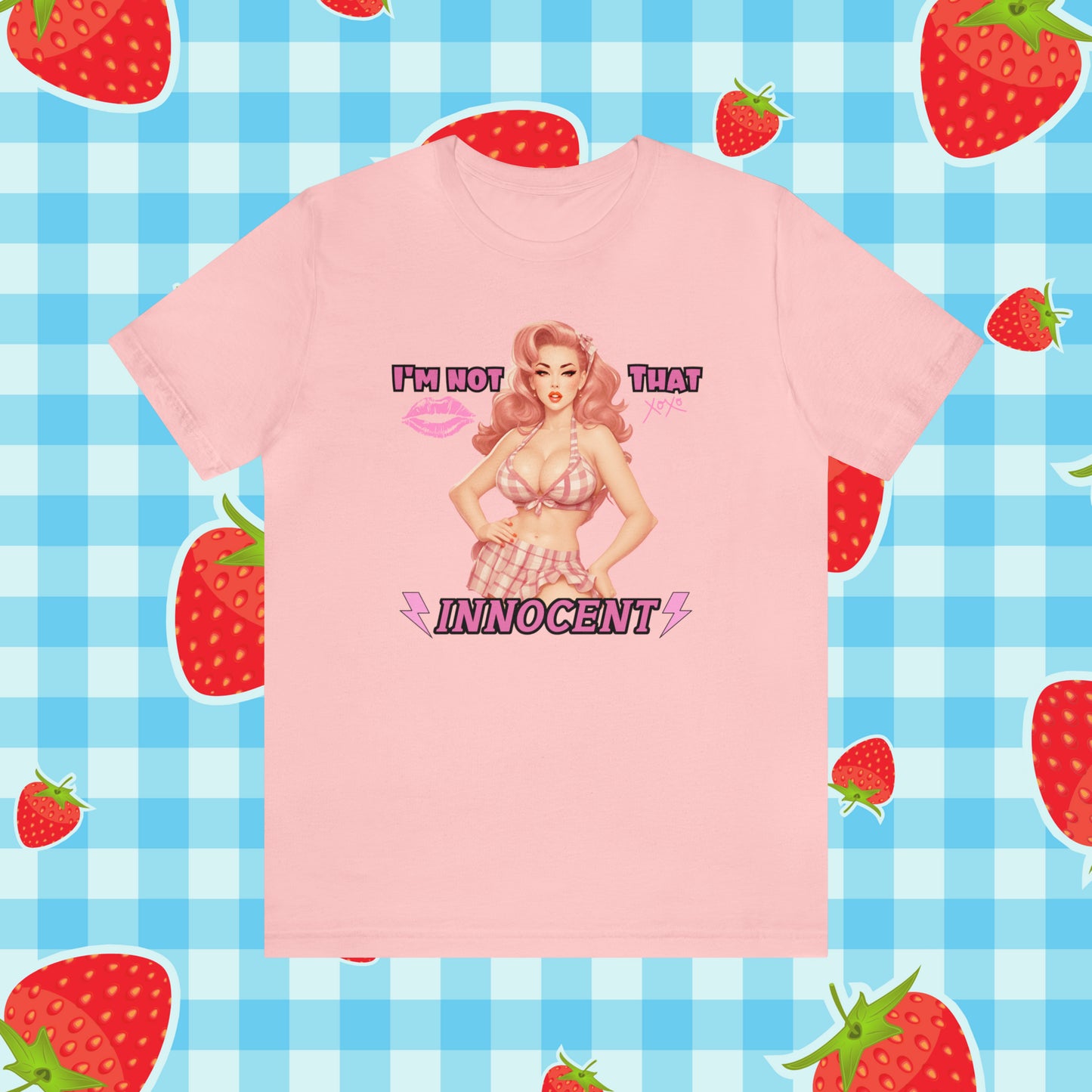 Timeless Elegance: Vintage Pink Pinup Girl "I'm not that Innocent on a Bella+Canva 3001 Unisex Jersey T-Shirt - A Must-Have Gift for her