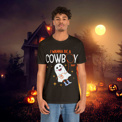Little Ghost Saying I wanna be a cowboy baby Retro Groovy Western Halloween Unisex Jersey Short Sleeve Tee Gifts for Him Gifts for her.