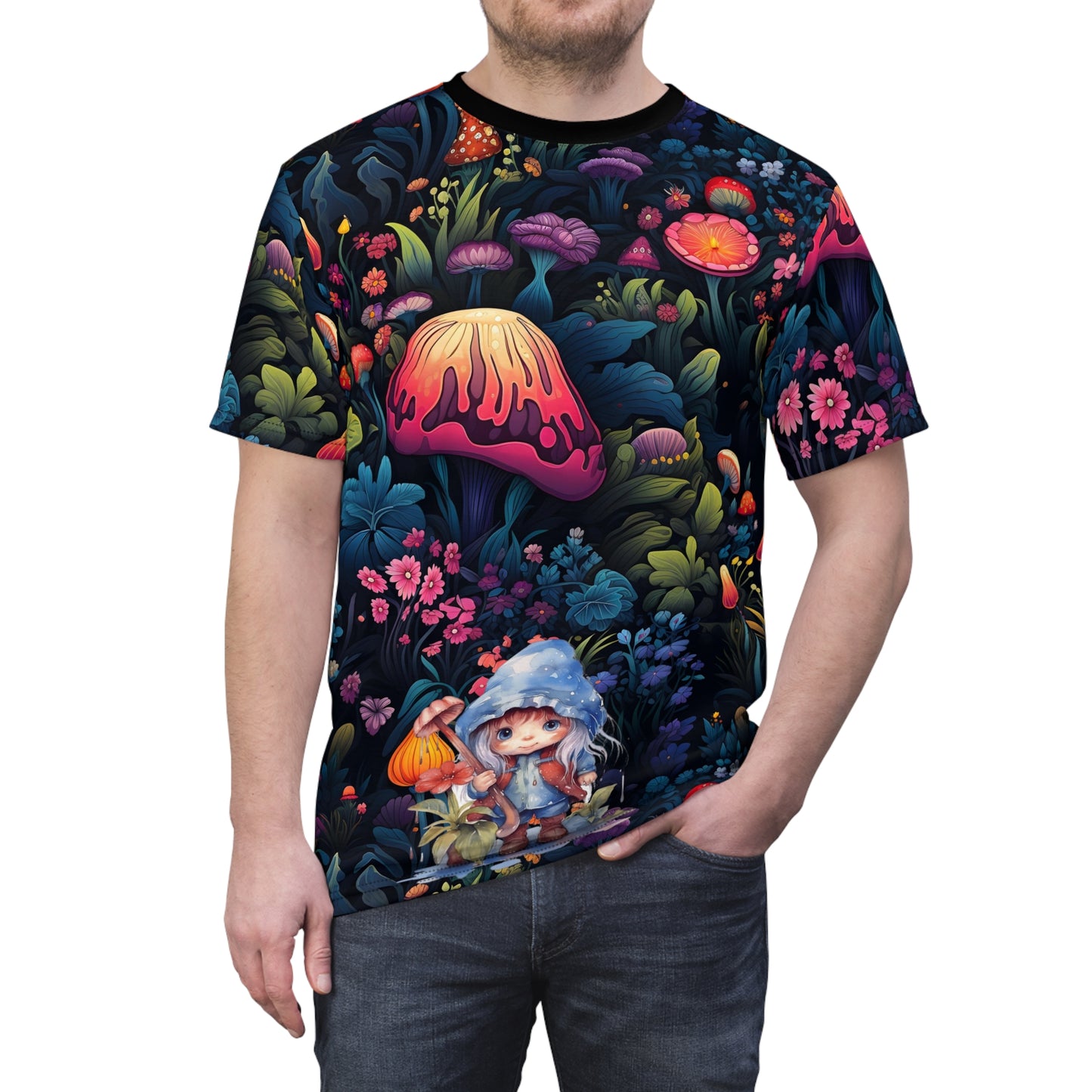 Magical Fairy Forest with Colorful Mushrooms and a little Gnome Girl Unisex Cut & Sew Tee (AOP)