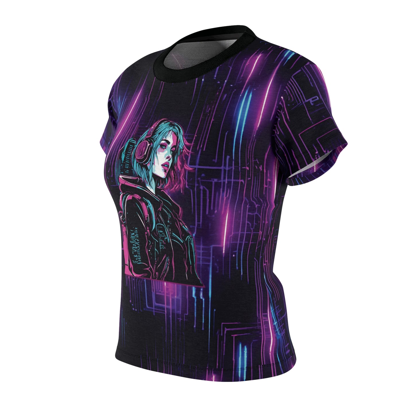 Neon Futuristic Lights Cyberpunk Girl Women's Cut & Sew Tee (AOP)