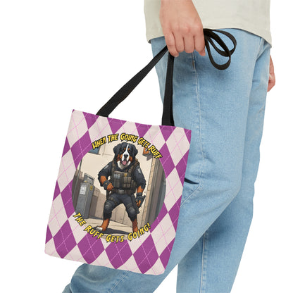 Bernese Mountain Dog Tote Bag | AOP Purple Rhombus Pattern | 'When the Going Gets Ruff, the Ruff Get Going' SWAT Gear Dog Art