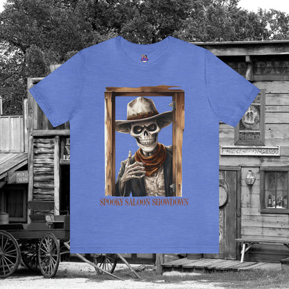 Spooky Saloon Showdown Gunslinging Skeleton Cowboy Halloween Unisex Jersey Short Sleeve Tee