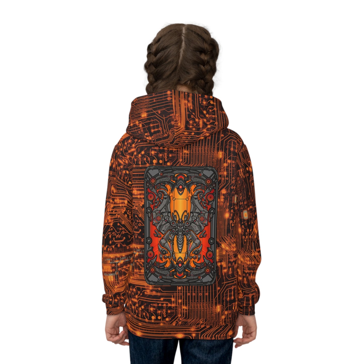 Tech Adventure Awaits: All Over Print Children's Hoodie with Orange Circuit Board and Robotic Bug Children's Hoodie (AOP)