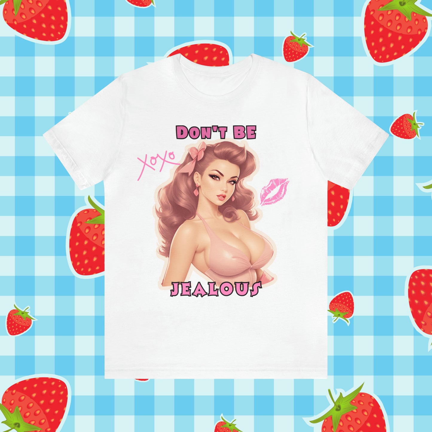 Timeless Elegance: Vintage Pink Pinup Girl "Don't Be Jealous" on a Bella+Canva 3001 Unisex Jersey T-Shirt - A Must-Have Gift for her