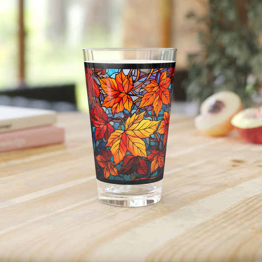 Autumnal Beauty: A Colorful Stained Glass Tribute to Fall Leaves  16oz Pint Glass Gift idea gifts for home decor housewarming gift