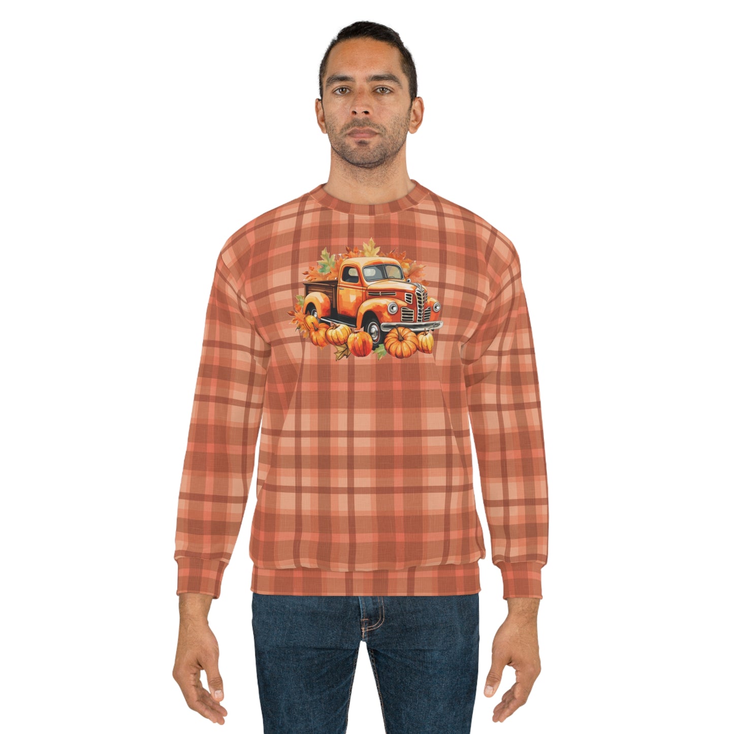 Vintage Orange Pickup and Pumpkins on a Plaid pattern Unisex Fall Sweatshirt (AOP) - Celebrate Autumn in Cozy Style