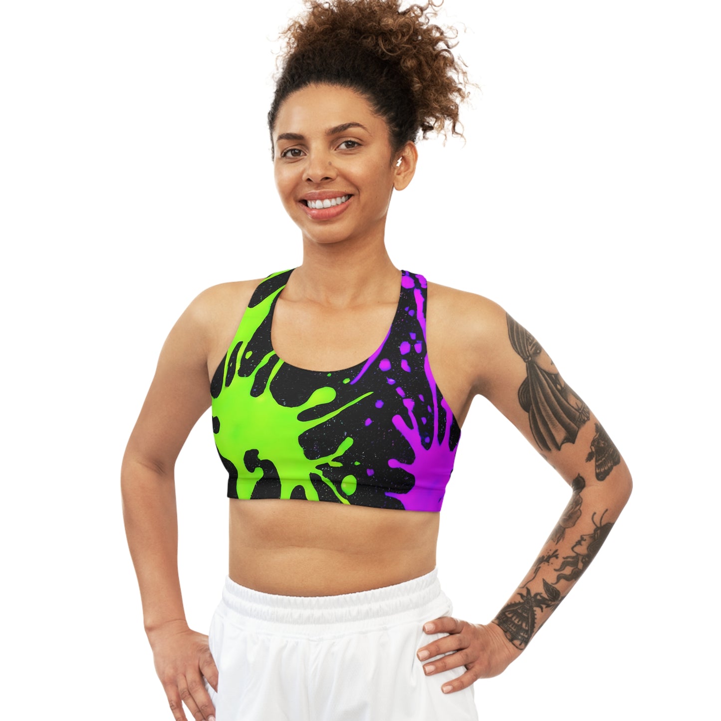 Seamless Sports Bra with Green and Pink Paint Splatter - Stylish Support for Your Active Lifestyle