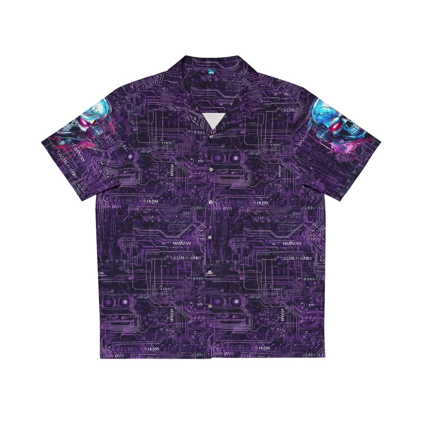 CyberPunk Cybernetic Skull breaking through a Purple Neon Circuit Board Men's Hawaiian Shirt (AOP)