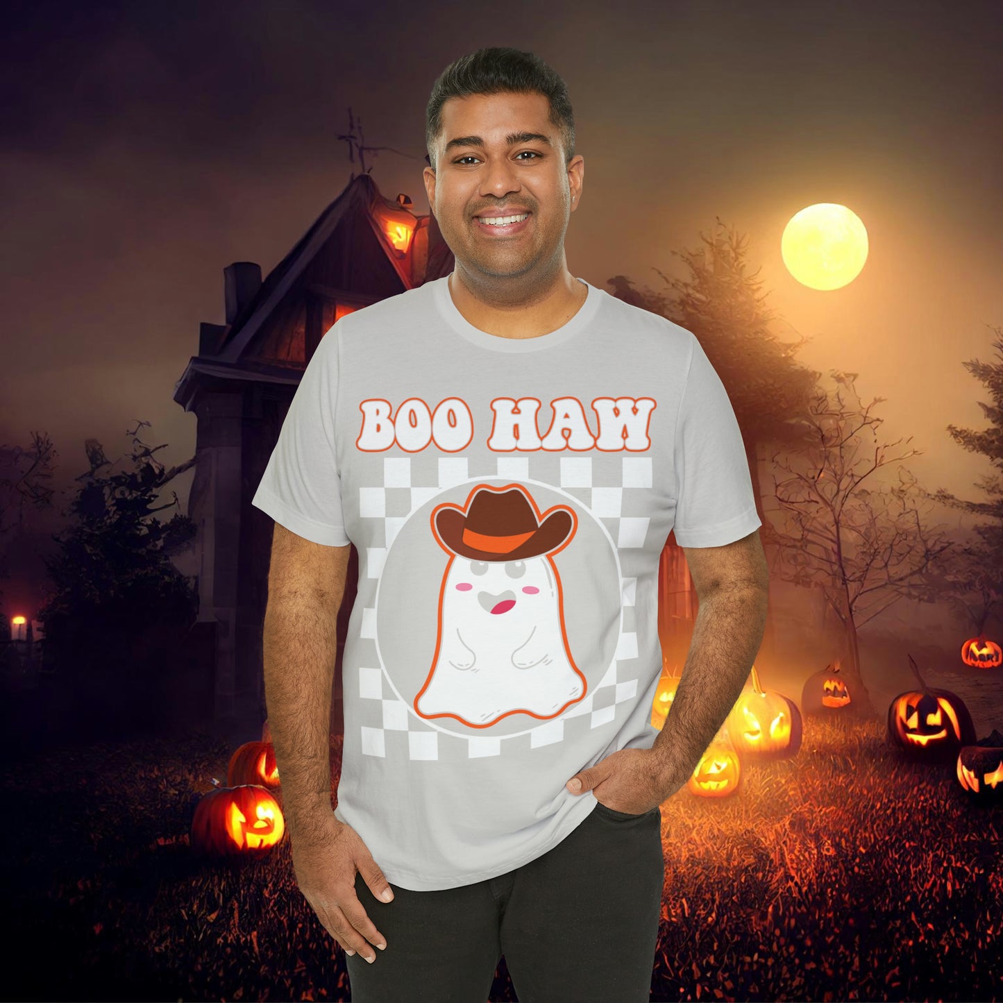 Cute Cowboy Ghost Saying Boo Haw Retro Groovy Western Halloween Unisex Jersey Short Sleeve Tee Gifts for Him Gifts For Her