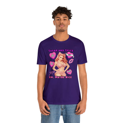 Sarcastic Elegance: Vintage Pink Pinup Girl "Sugar and Spice" on a Bella+Canva 3001 Unisex Jersey T-Shirt - A Must-Have Gift for her