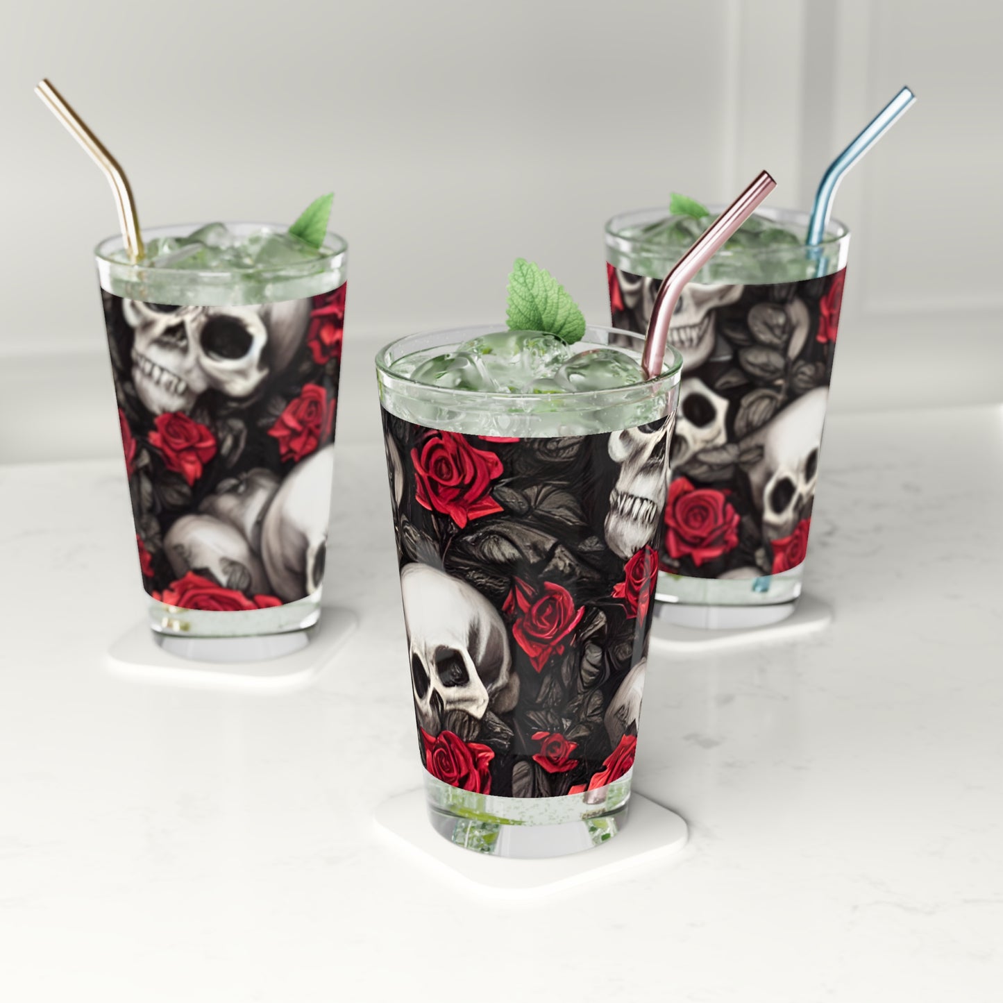 Hyper Realistic Skulls and Red Roses by artist Anne-Laure Goupil Pint Glass, 16oz