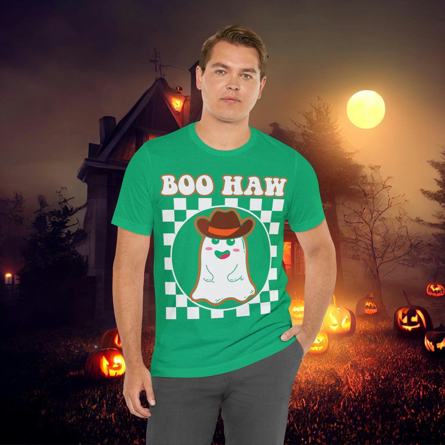 Cute Cowboy Ghost Saying Boo Haw Retro Groovy Western Halloween Unisex Jersey Short Sleeve Tee Gifts for Him Gifts For Her